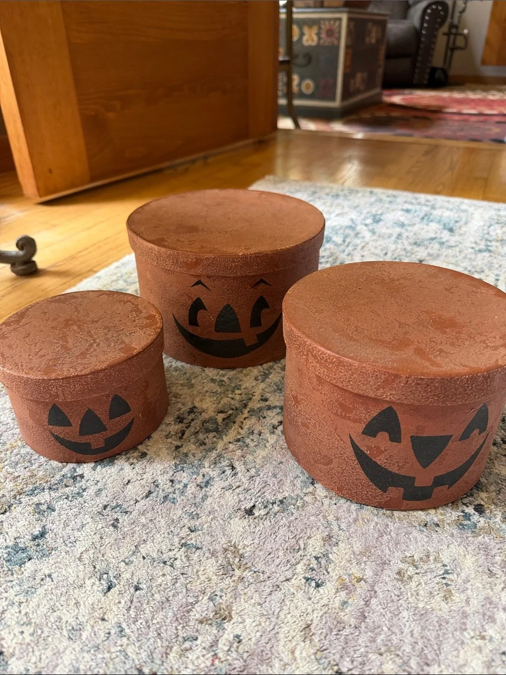 3 Primitive Rustic Halloween Nesting Boxes Round Stackable Decor